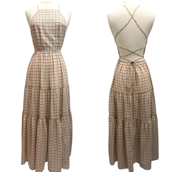Christy Dawn Delphine Midi Tiered Sun Dress in Snapdragon Gingham Pink Tan XS - Picture 3 of 11